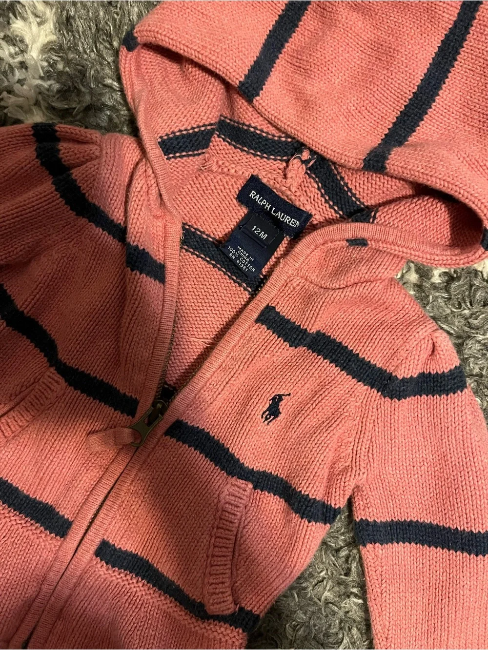 Ralph Lauren Coral Pink Hooded Zip Sweater with Navy Stripes